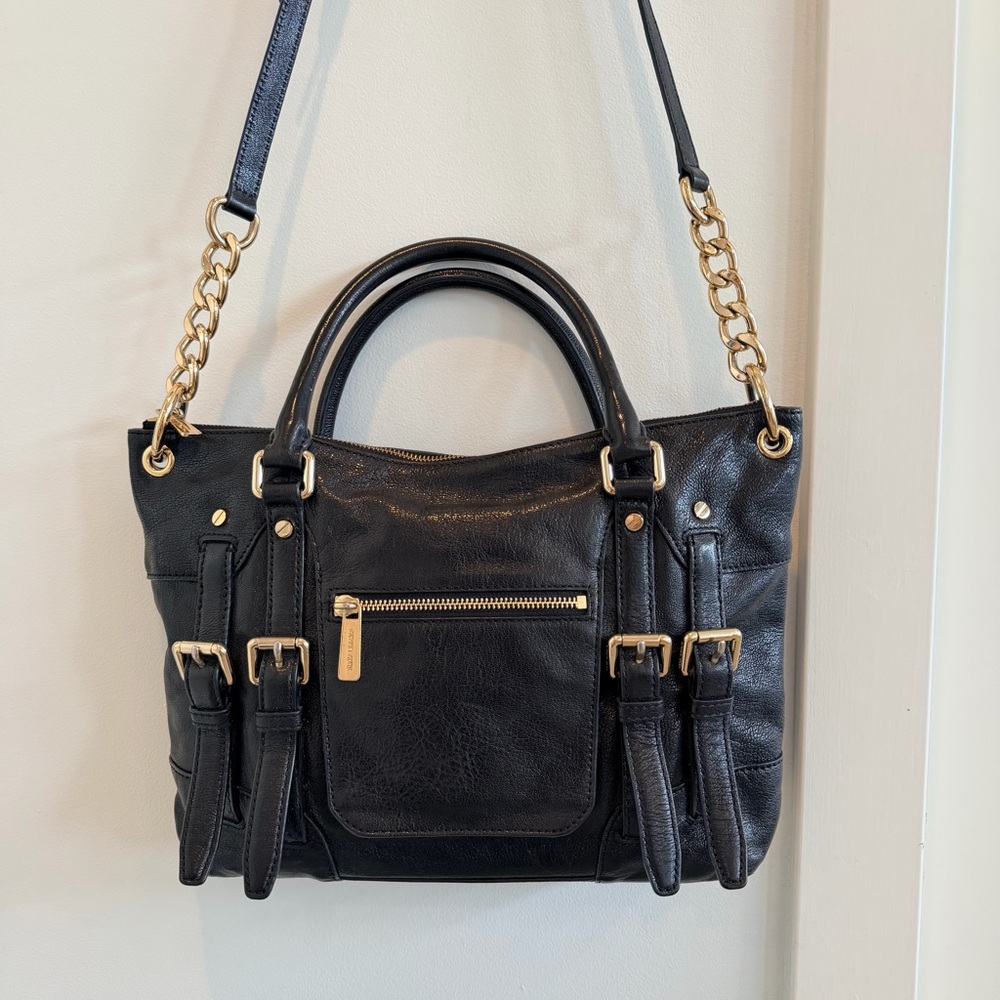 Michael Kors McGraw Slim Leather Satchel Black Gold Hardware Detachable Strap